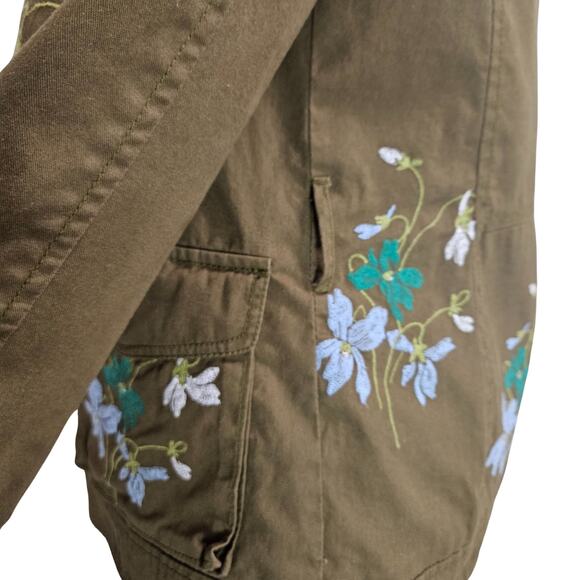Olive Embroidered Floral Belted Zip Up Utility Standing Collar Jacket Size Med - Picture 6 of 10